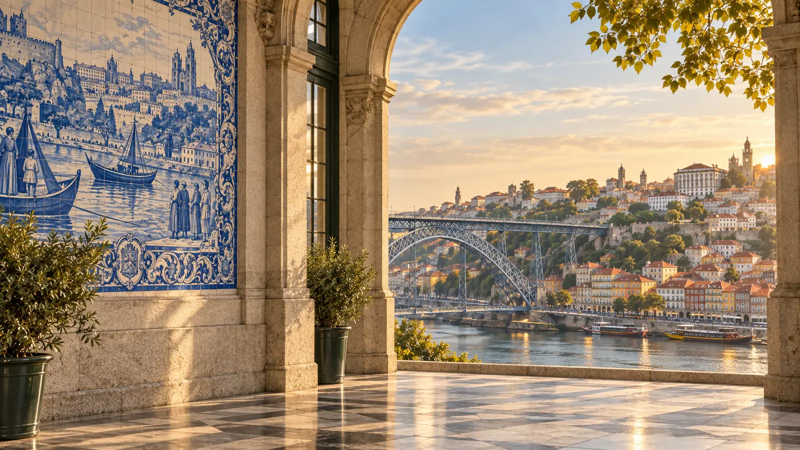 Composição visual do Porto com azulejos inspirados na Estação de São Bento, Ponte Dom Luís I e Rio Douro